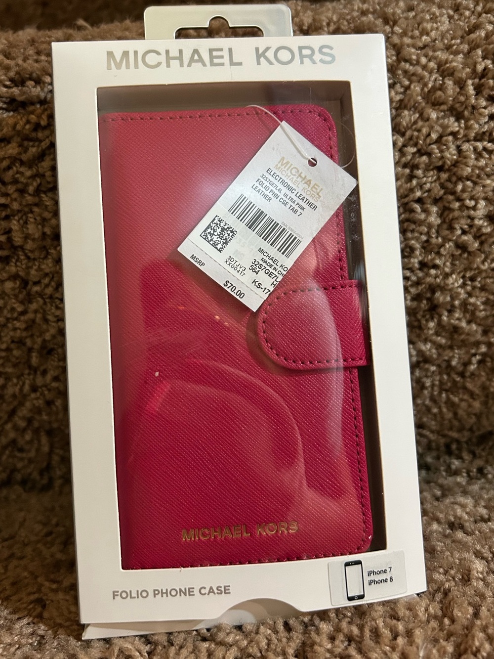 NEW with tags! Michael Kors Hot Pink Leather Folio Phone Case with Gold Logo